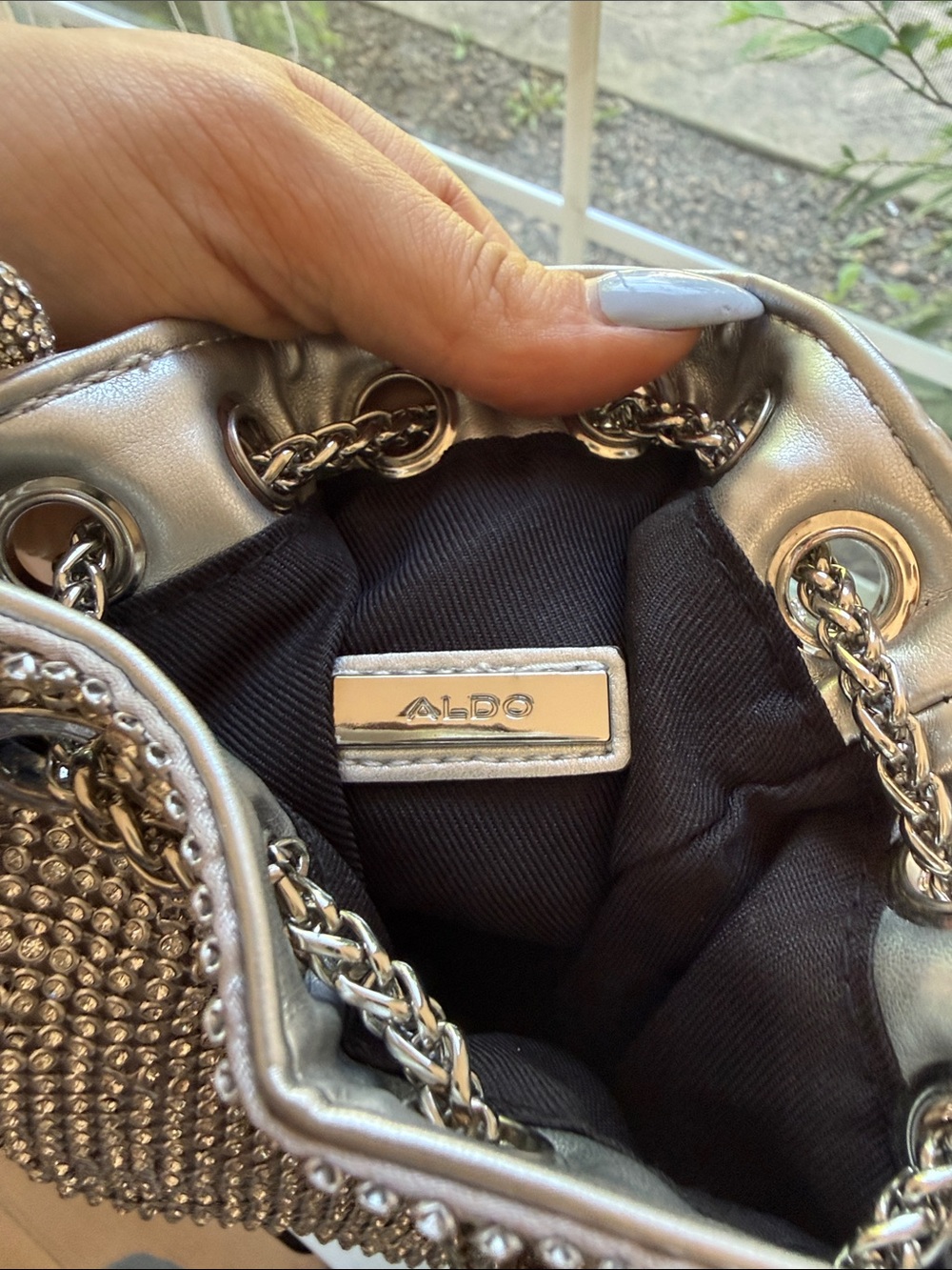 Aldo Silver Crystal Mesh Drawstring Mini Bucket Bag - Picture 3 of 4